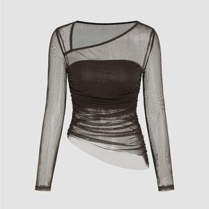 Cider Mesh Asymmetrical Neck Long Sleeve Top